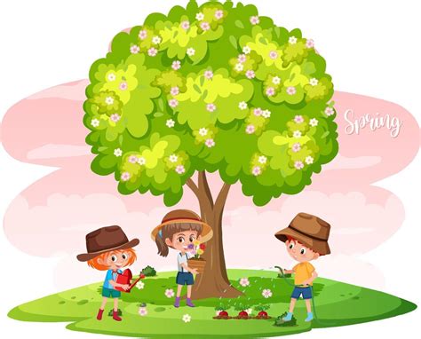 árbol Aislado Con Flores Y Niños Personaje De Dibujos Animados 4472876