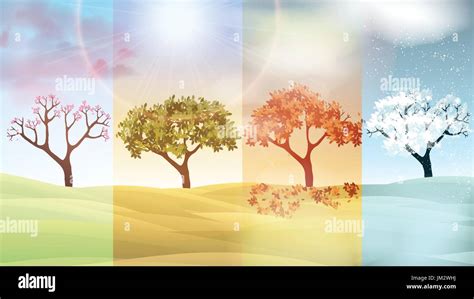 Four Seasons Banners With Abstract Trees And Hills Vector