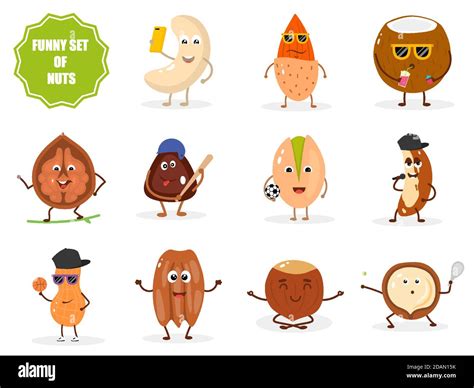 Set Of Isolated Funny Nuts Characters In Cartoon Style Stock Vector