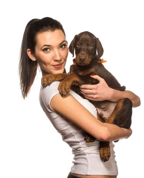 Brunette Girl With Her Puppy Isolated On White Background Stock Photo Image Of Companion
