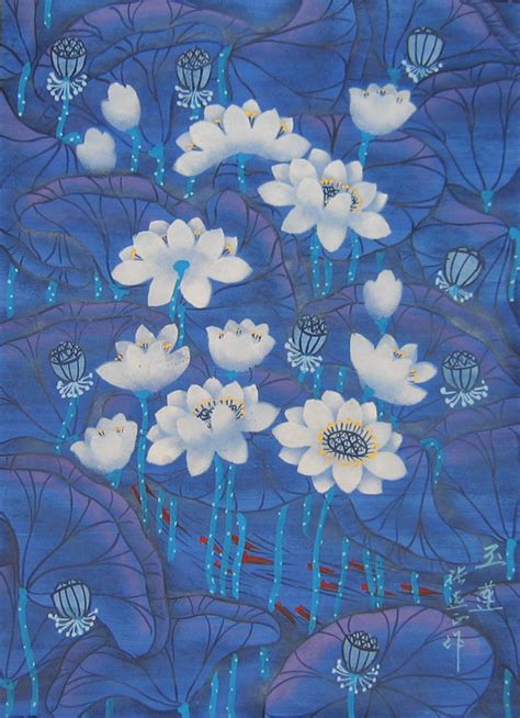 Blue Lotus Chinese Folk Art Painting
