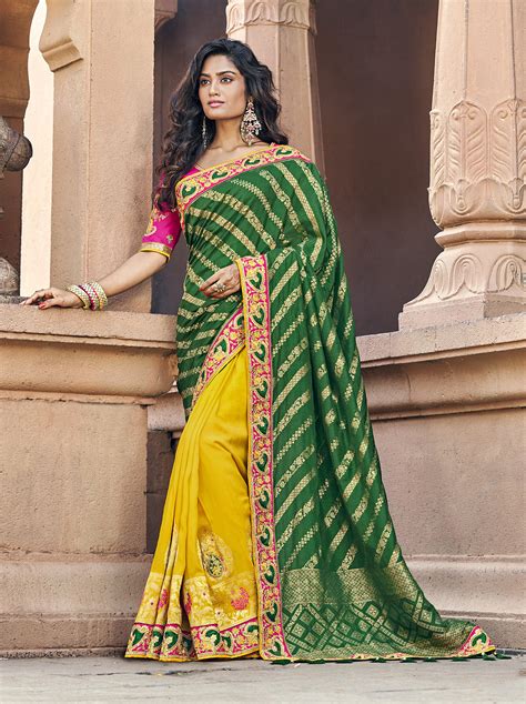 Green And Yellow Banarasi Silk Jacquard Woven Thread And Zari Embroidered