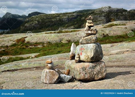 Stone Cairn On A Way To Preikestolen Mountain Norway Stock Photo