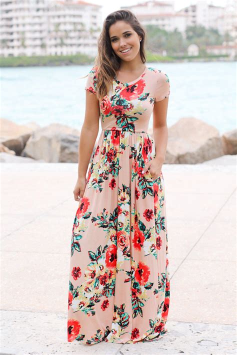 Blush Floral Short Sleeve Maxi Dress With Pockets Maxi Dresses