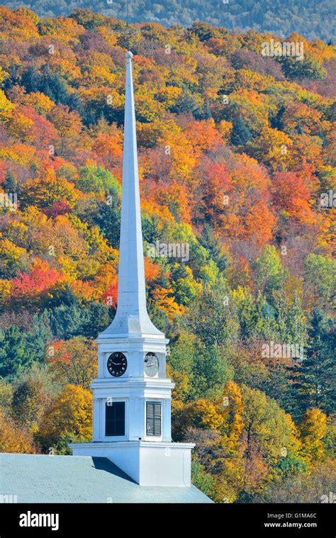 Stowe In Autumn With Colorful Foliage And Community Church In Vermont