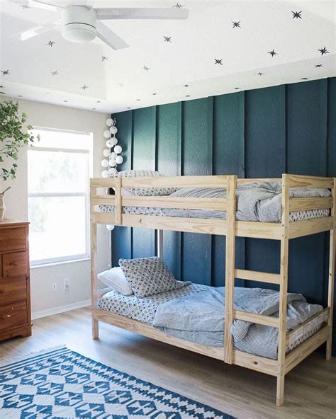 To work with two vibrant colors can give you an amazing result if you make sure to be consistent with the tones of both colors. Ikea bunk beds with teal board and batten accent wall and ...