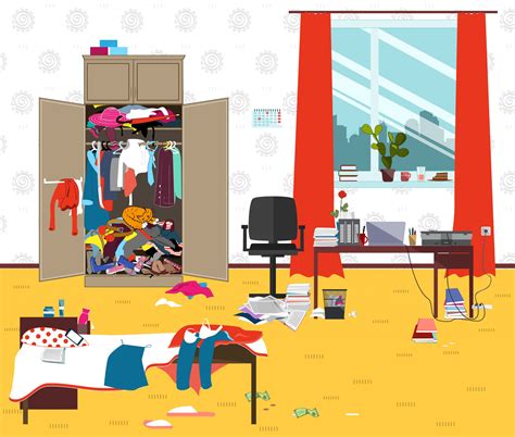 Vector cartoon interior of kids playroom with. Messy room where young lady lives. Teenager or student ...