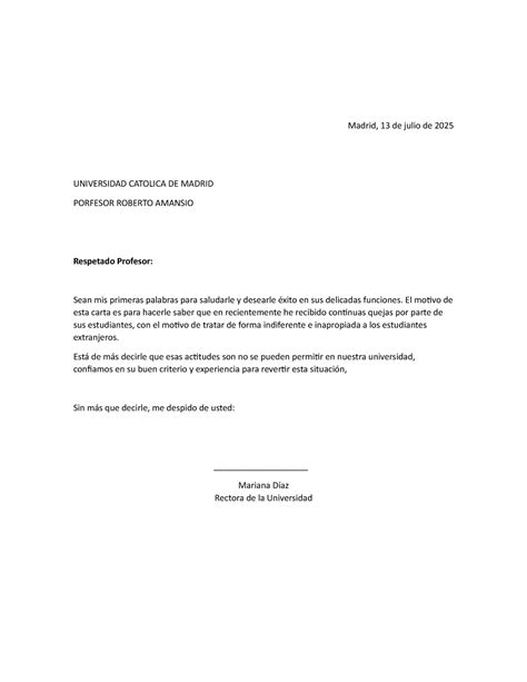 Carta De Reclamo A Un Profesor Madrid 13 De Julio De 2025