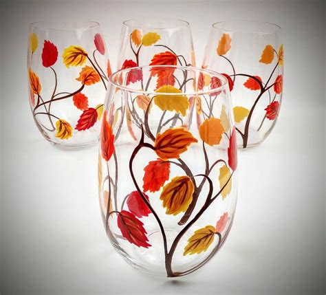 4 Fall Leaf Stemless Hand Painted Wine Glasses Autumn Leaves Etsy