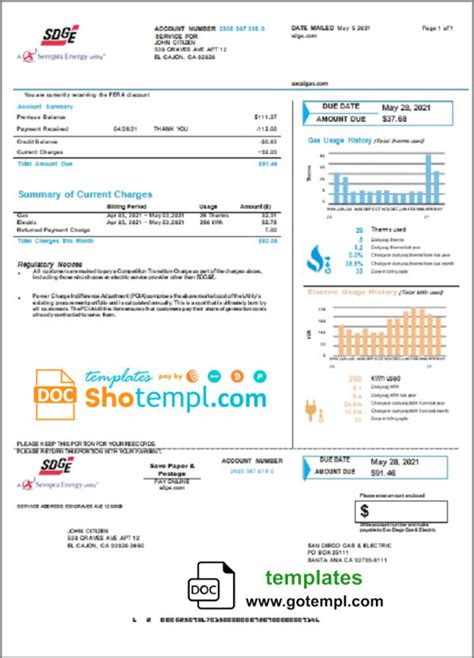 Usa California San Diego Gas And Electric Sdgande Utility Bill Template