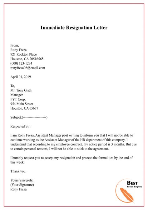 Resignation Letter Month Notice Sample Doctemplates