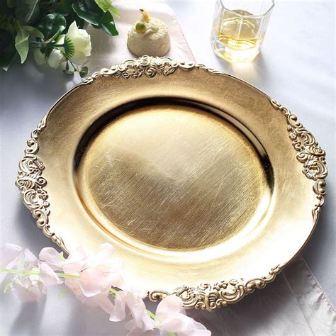 Pack Gold Embossed Baroque Round Charger Plates With Antique