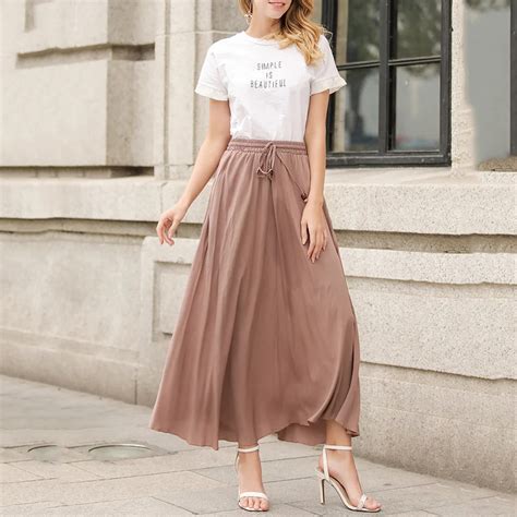 2018 Summer Fashion Women Long Maxi Pleated Drawstring Skirts Preppy