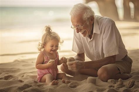 Premium Ai Image Happy Grandfather Playing With Granddaughter On The Beach Generate Ai