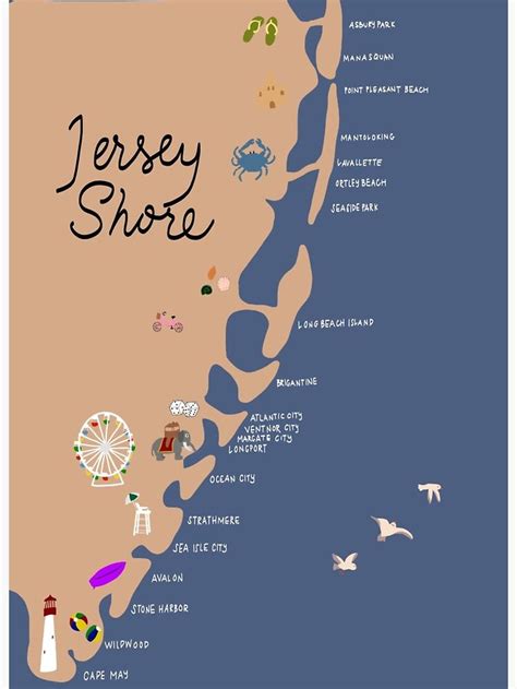 an illustrated map of jersey shore with the names and attractions on it s side