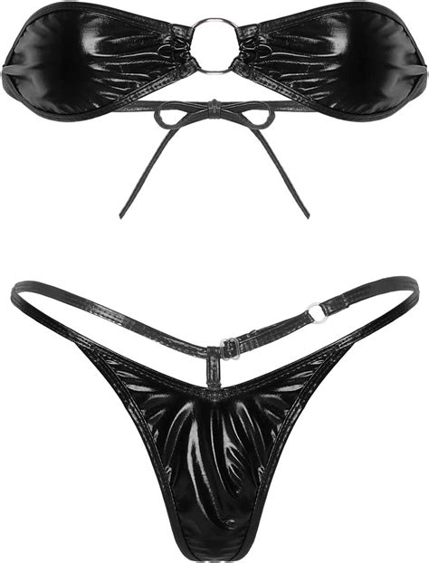 Freebily Womens Shiny Metallic Bikini Lingerie Thong Bathing Suit 2 Pieces Swimsuit
