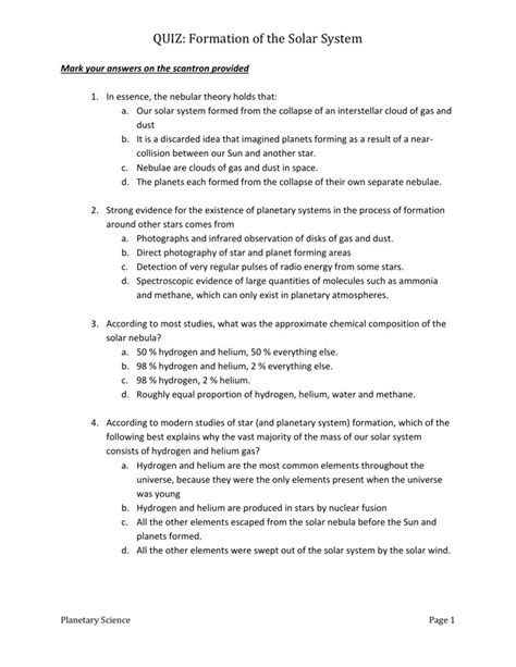 Formation Of The Solar System Worksheet Answers