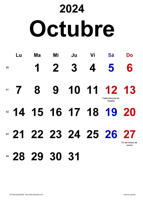 Calendario Octubre 2024 En Word Excel Y Pdf Calendarpedia