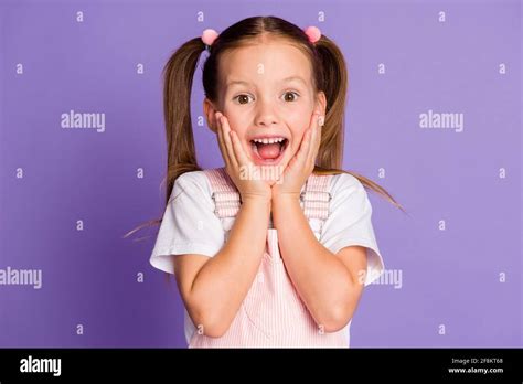 Photo Of Shocked Amazed Girl Wear Pink Dress Hold Hands Cheekbones Surprise Isolated On Purple
