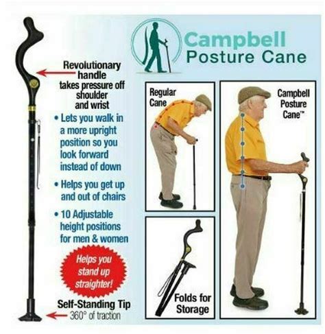 Campbell Posture Cane Walking Foldable Cane With Adjustable Heights