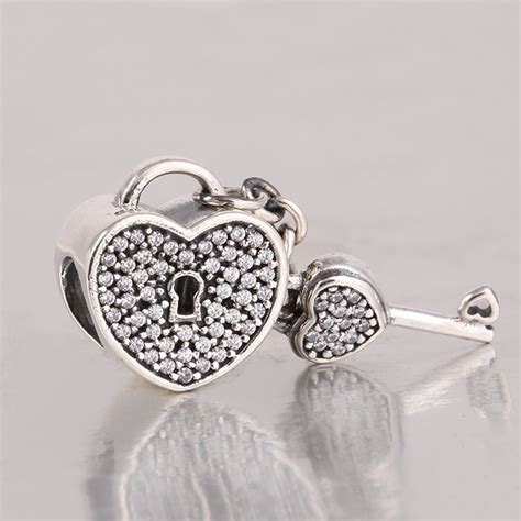 New Authentic 925 Sterling Silver Lock And Key Heart Dangle Charms Pave