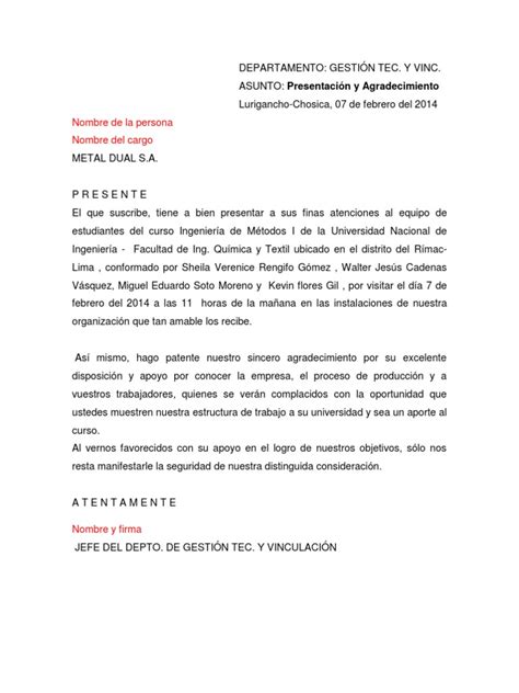 Carta De Agradecimiento Pdf