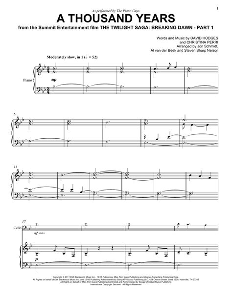 A Thousand Years Sheet Music The Piano Guys Cello And Piano