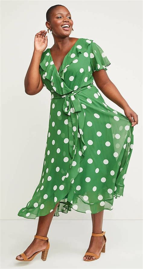 Plus Size Green Polka Dot Chiffon Midi Dress Fit Flare Dress Fit
