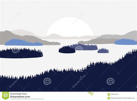 Landscape With Hills Mountains Lakes Rivers Firs In The Foreground