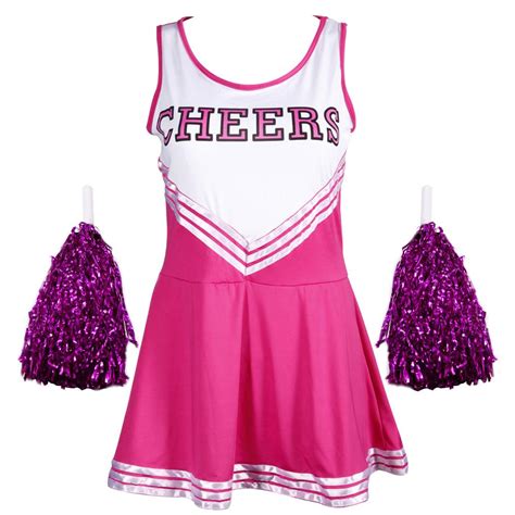 High School Cheer Leader Leading Girl Fancy Dress Costume Outfit Pom Poms