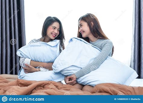 Two Asian Lesbian Looking Together In Bedroombeauty Concept Happy