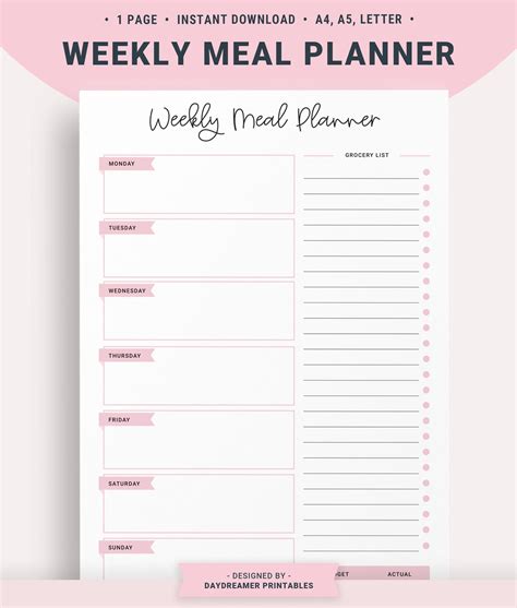Weekly Meal Plan Printable Meal Planner Template Grocery List Food