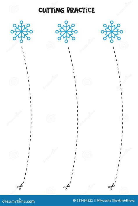 Cutting Practice For Children With Blue Winter Snowflakes Stock