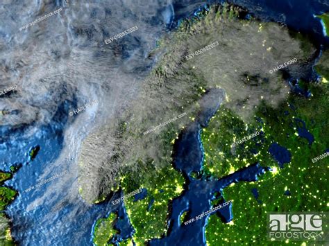 Scandinavian Peninsula On 3d Model Of Earth At Night 3d Illustration