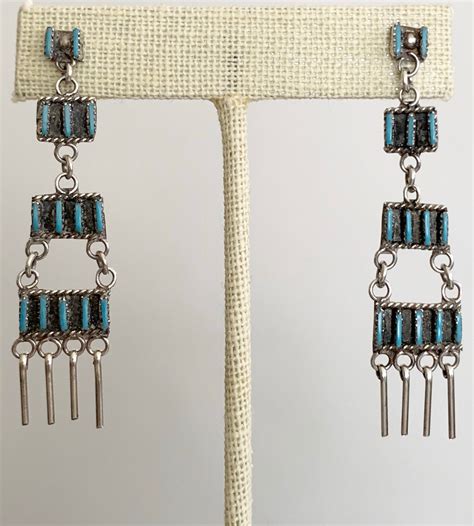 Needlepoint Turquoise Chandelier Earrings Vintage Native American Zuni