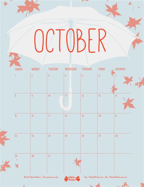 October Printable Calendar Papier Bonbon
