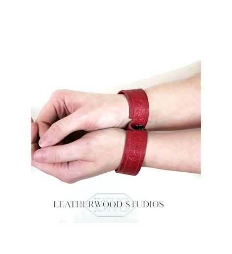 bdsm bondage leather cuffs wrist restraints submissive slave daywear bracelet hand tooled