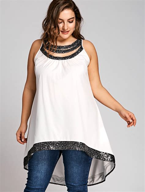 Gamiss Women High Low Hem Blouses Tees Plus Size Sequined Trim