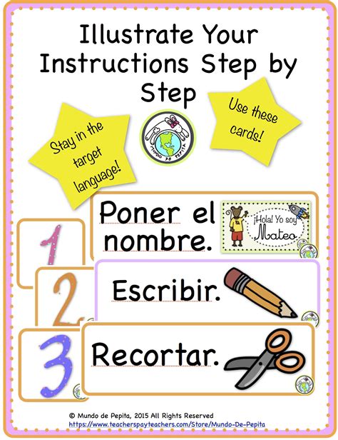 Illustrated Instruction Cards Classroom Decor Printable Spanish