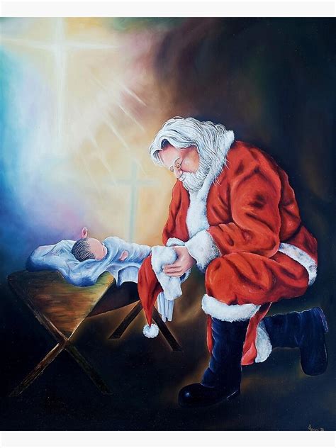 Santa Kneeling At The Manger Oil Painting Greeting Card For Sale By