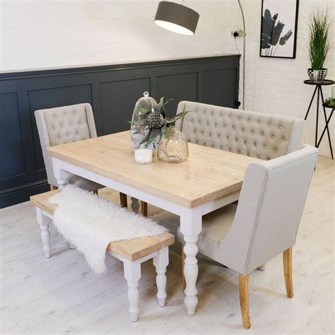 A rectangular tabletop and a a bench and chairs have angular tapered legs. 5ft Farmhouse dining table with matching bench 2 seater ...