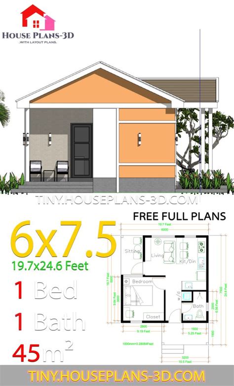 One Bedroom House Plans 6x75 With Gable Roof Tiny House Plans