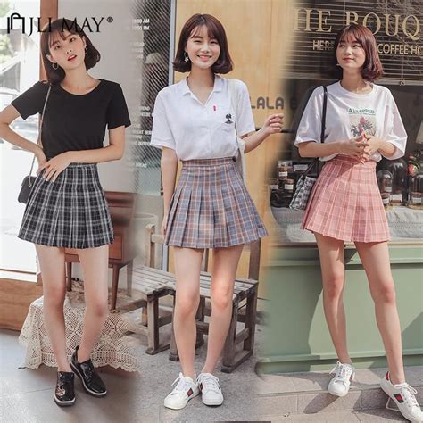 jli may high waist blue pleated skirts girls harajuku skirt solid plaid a line mini japan korean