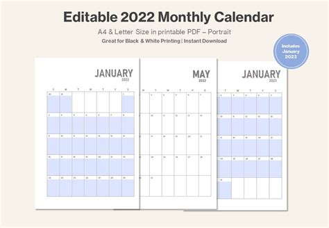 2022 2023 Editable Calendar Printable Monthly Perpetual Etsy