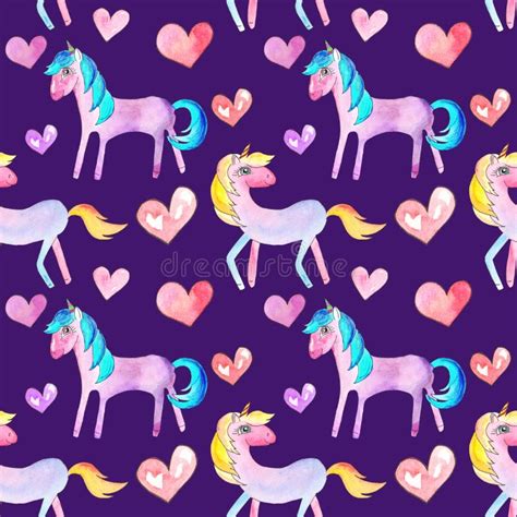 Seamless Pattern Of Watercolor Illustrations Pink Unicorns With Hearts
