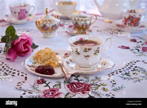 Traditional English High Tea With Tea Biscuit Table Setting In Door