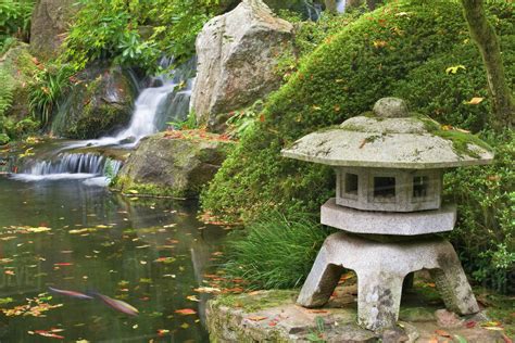 Usa Oregon Portland Stone Ornamental Next To Koi Pond And Waterfall