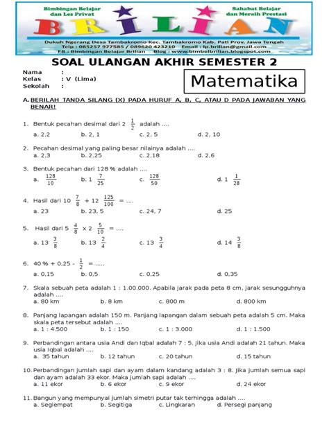 Soal Uas Matematika Kelas 5 Sd Semester 2 Dan Kunci Jawaban