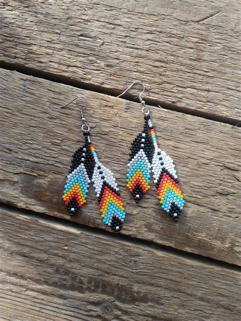 colorful feather seed bead earrings ethnic beaded earrings feather earrings ethno boho earrings