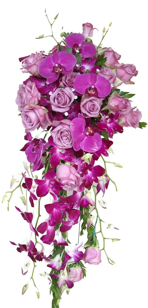 cascade wedding bouquet with purple phalaenopsis orchids dendrobium orchids lavender